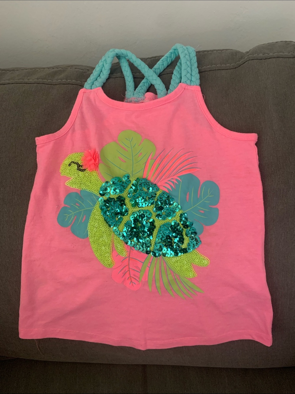 Tommy Bahama Pink Tank with Turquoise Sequin Turtle and Braided Straps